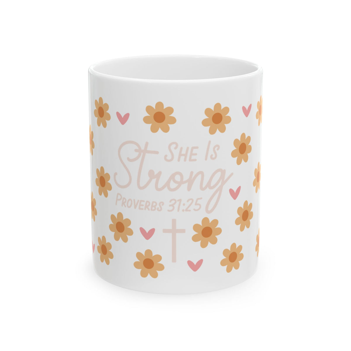 She Is Strong Ceramic Mug — Proverbs 31:25 Yellow Floral Inspirational Coffee Cup