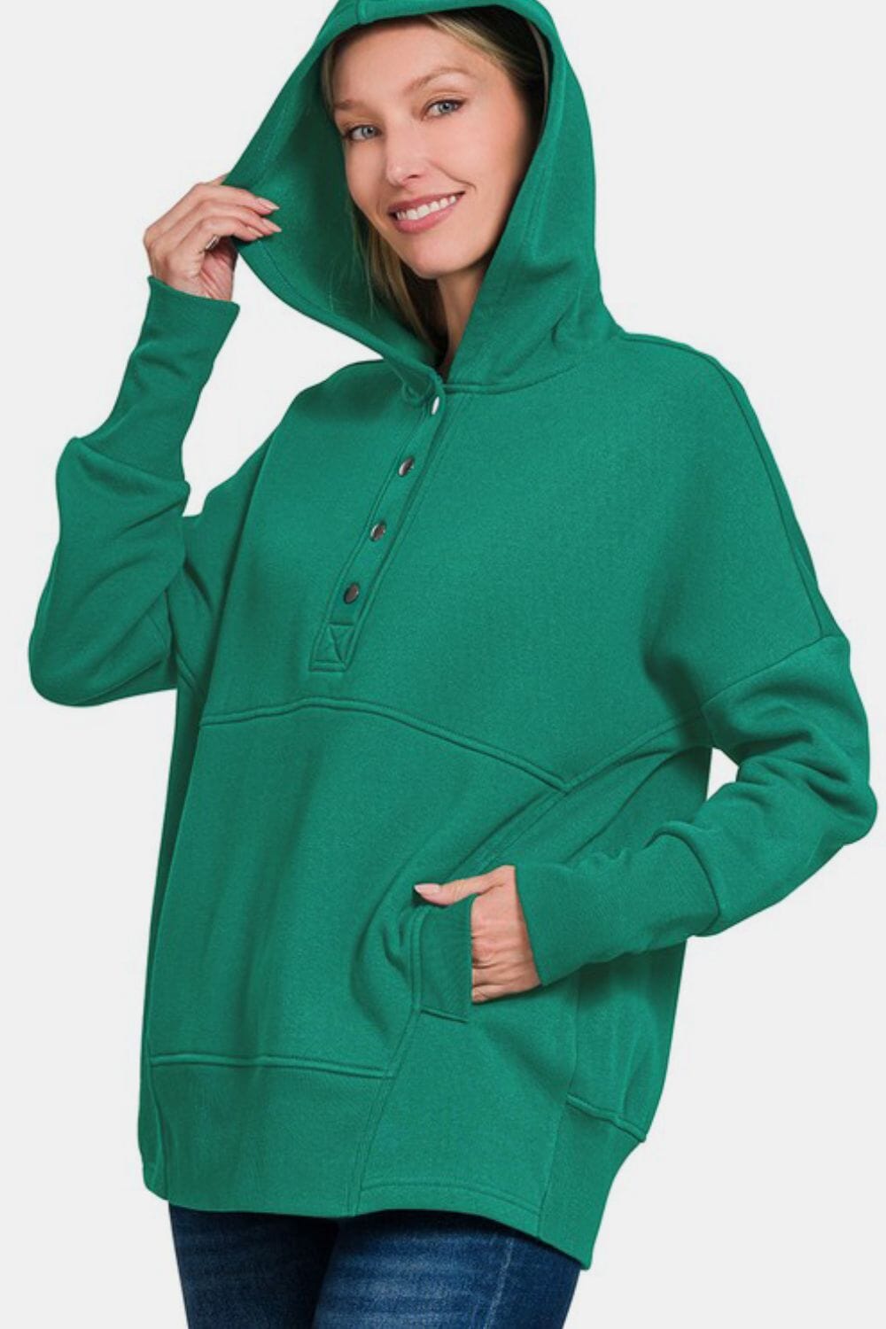 Zenana Half Snap Long Sleeve Hoodie with Kangaroo Pocket - Sydney So Sweet