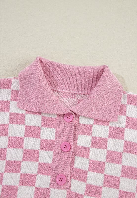 Checkered Collared Neck Long Sleeve Sweater - Sydney So Sweet