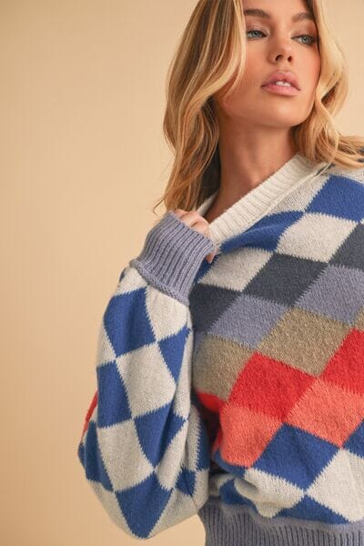 Aemi + Co Diamond Mock Neck Raglan Sleeve Sweater - Sydney So Sweet