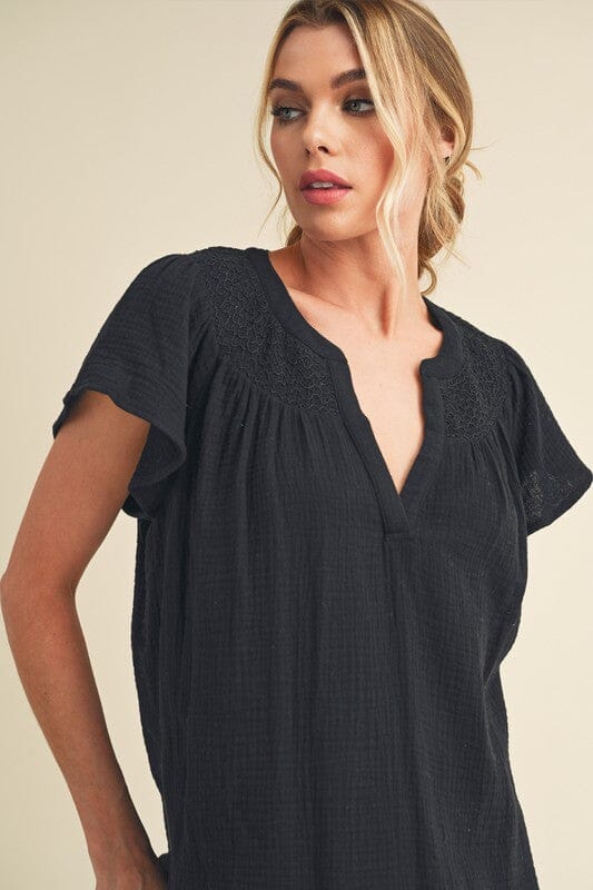 Aemi + Co Embroidered Trim Side Slit Notched Short Sleeve Blouse - Sydney So Sweet
