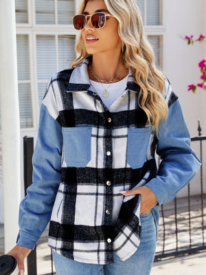 Pocketed Plaid Snap Down Denim Jacket - Sydney So Sweet