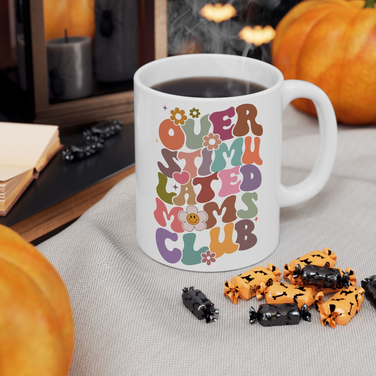 Overstimulated Moms Club Retro Rainbow Cute Ceramic Mug Coffee Cup (11oz & 15oz)
