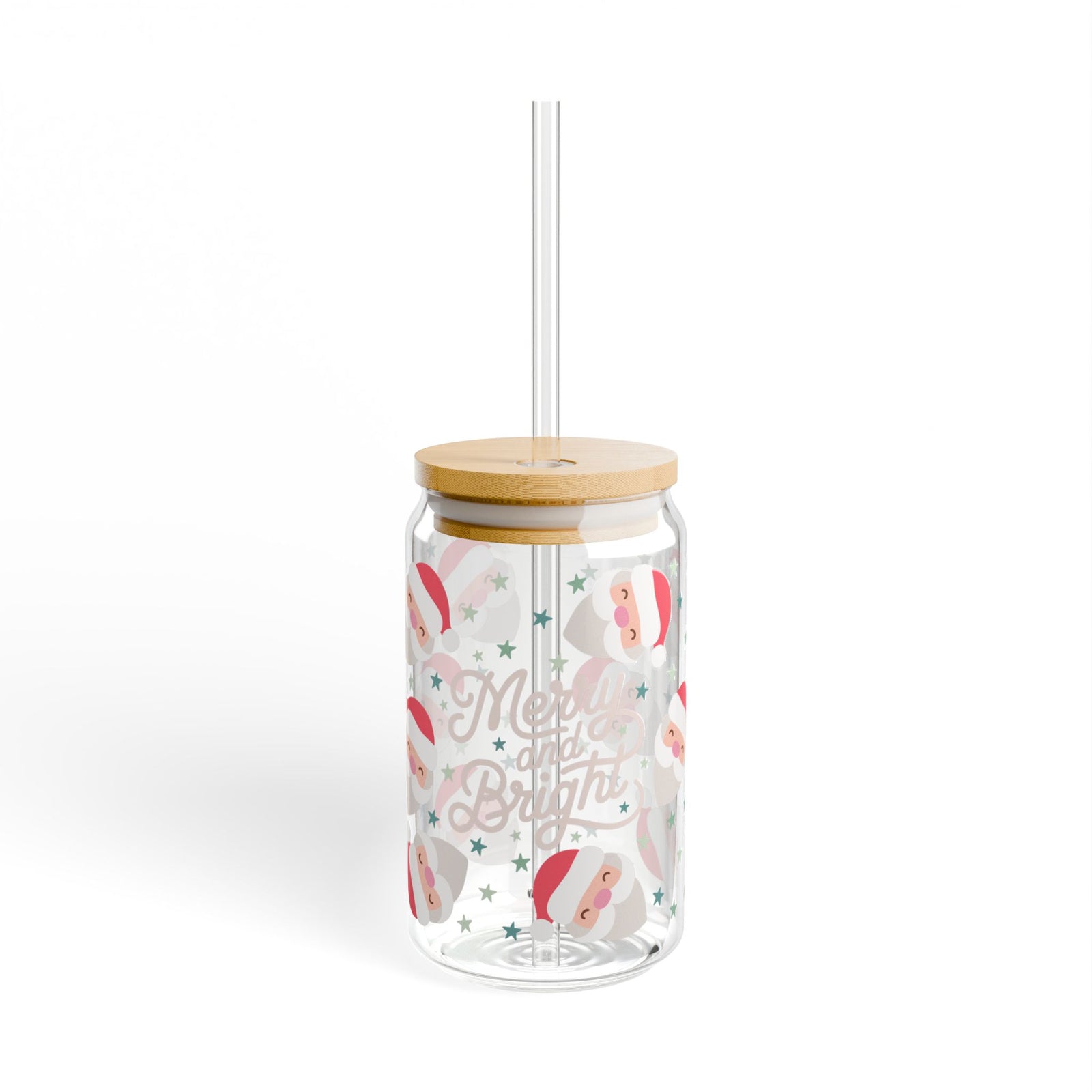 Merry & Bright Starry Santa Christmas Sipper Glass 16oz Reusable Drink Jar with Lid & Straw