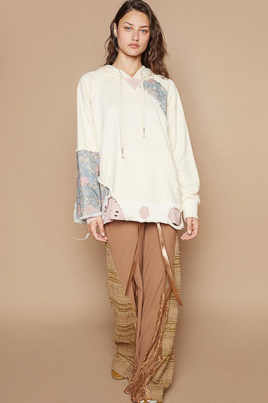 POL Floral Patchwork Distressed Drawstring Hoodie - Sydney So Sweet