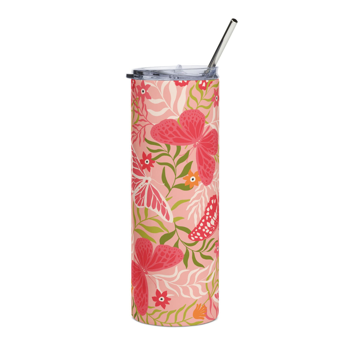 Pink Garden Butterfly 20oz  Stainless Steel Tumbler Travel Cup