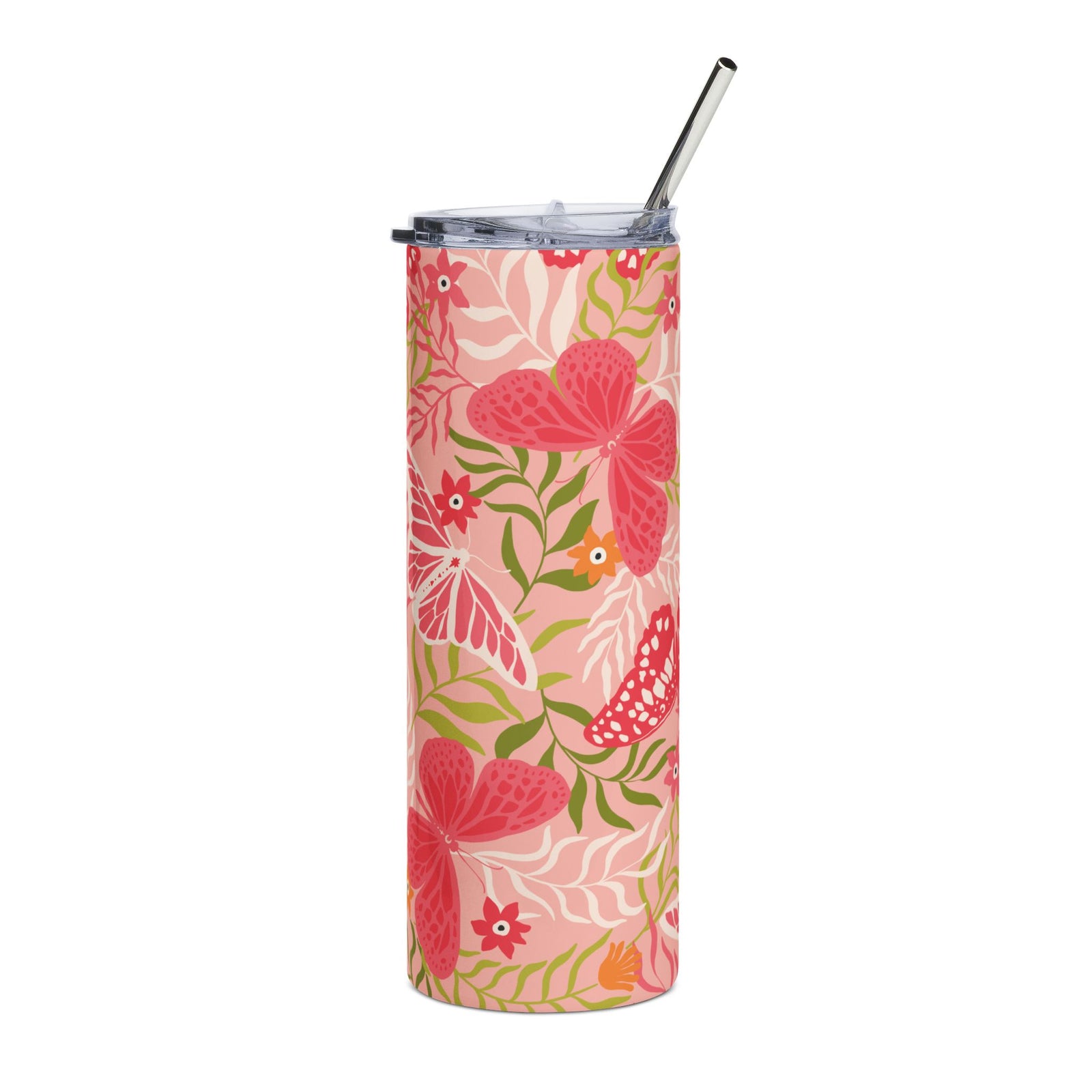 Pink Garden Butterfly 20oz  Stainless Steel Tumbler Travel Cup