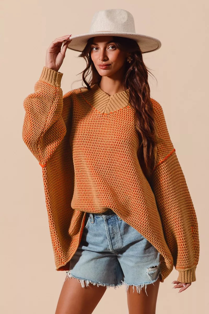 SO ME Oversized Two Tone Textured V Neck Sweater - Sydney So Sweet