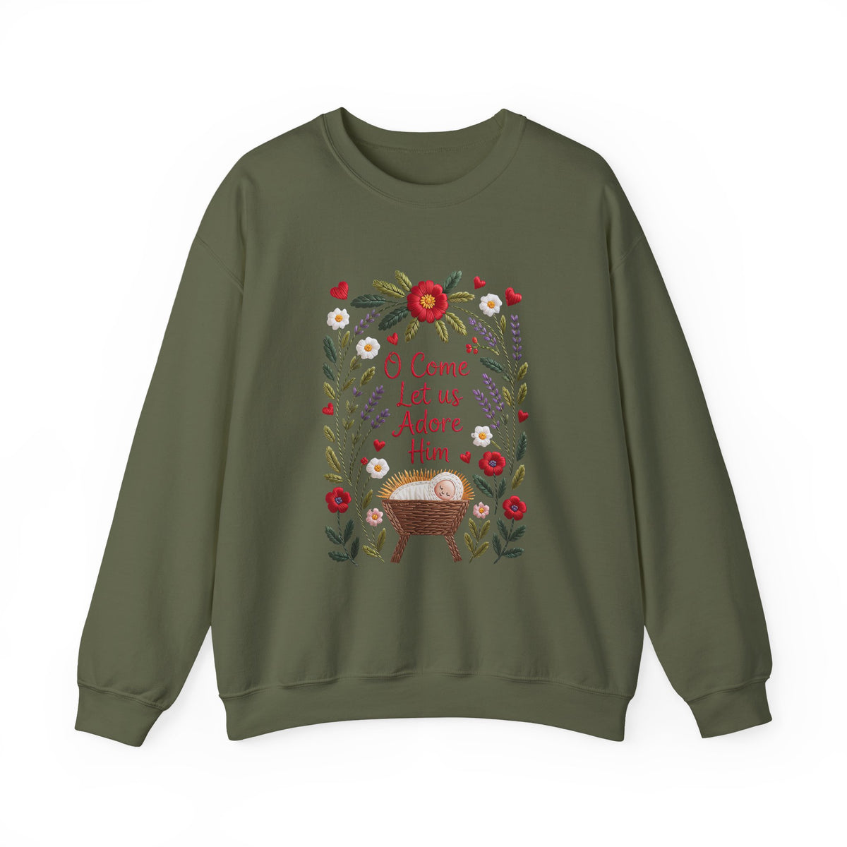 O Come Let Us Adore Him Faux Embroidery Christmas Nativity Crewneck Unisex Sweatshirt