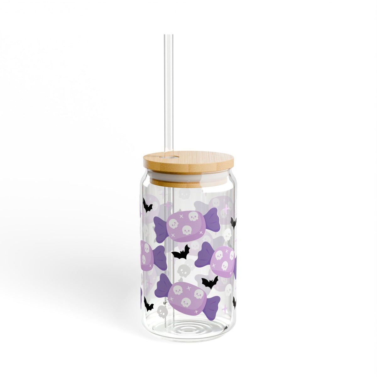Skull Candy & Bats Halloween Sipper Glass 16oz Reusable Drink Jar with Lid & Straw