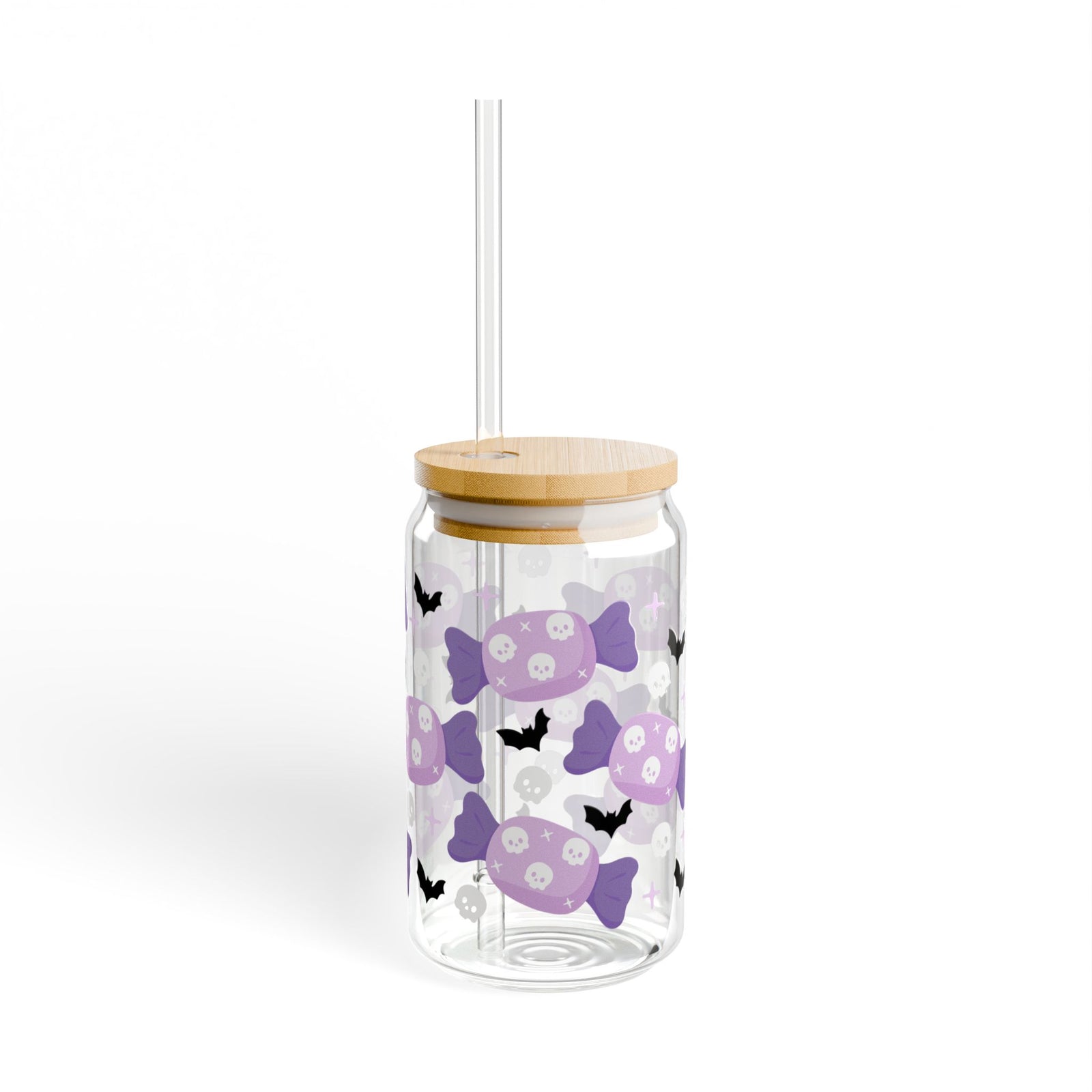 Skull Candy & Bats Halloween Sipper Glass 16oz Reusable Drink Jar with Lid & Straw