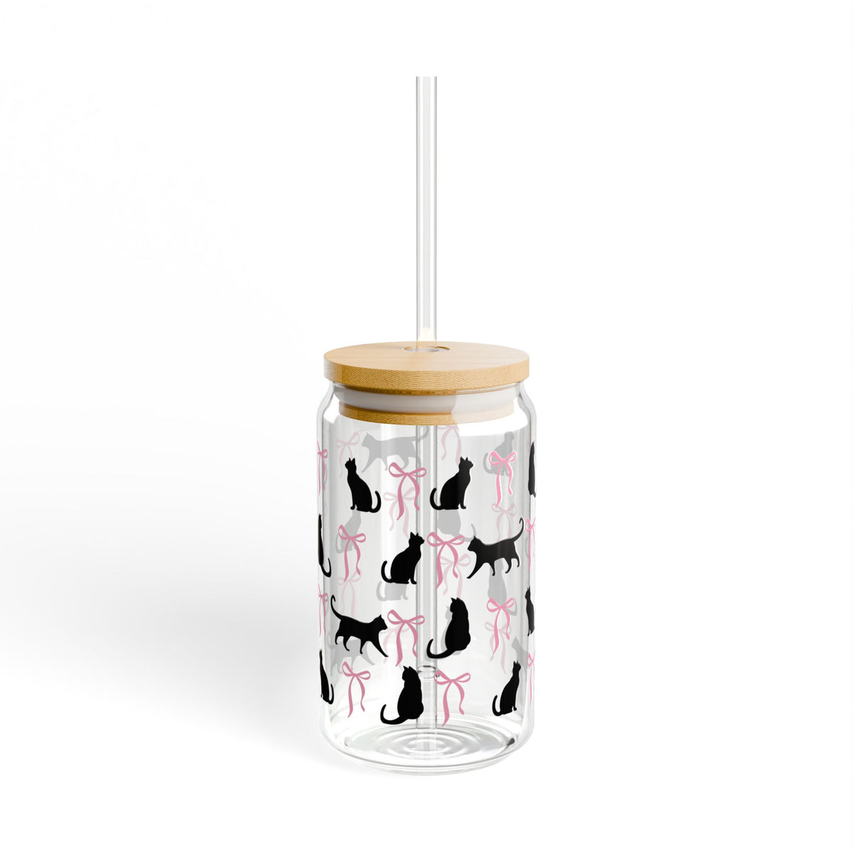 Kitty Coquette Bow Halloween Sipper Glass 16oz Reusable Drink Jar with Lid & Straw