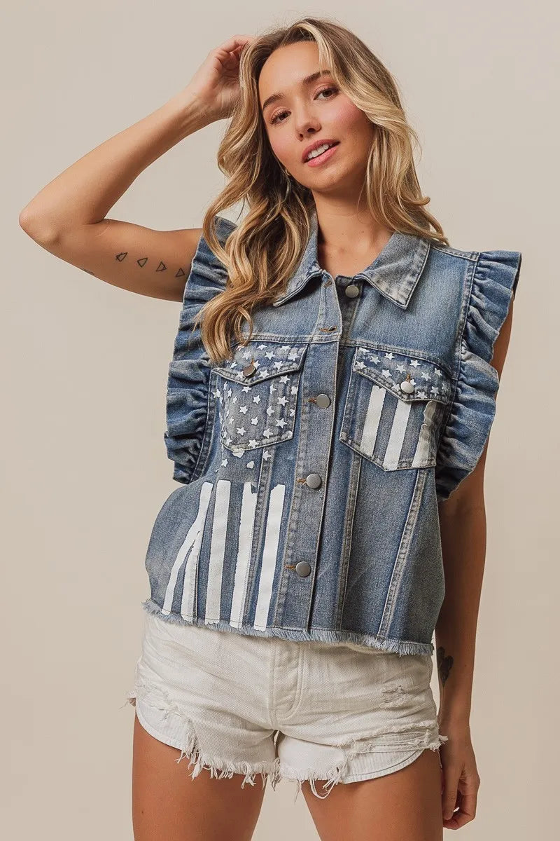 BiBi American Flag Washed Denim Jacket - Sydney So Sweet