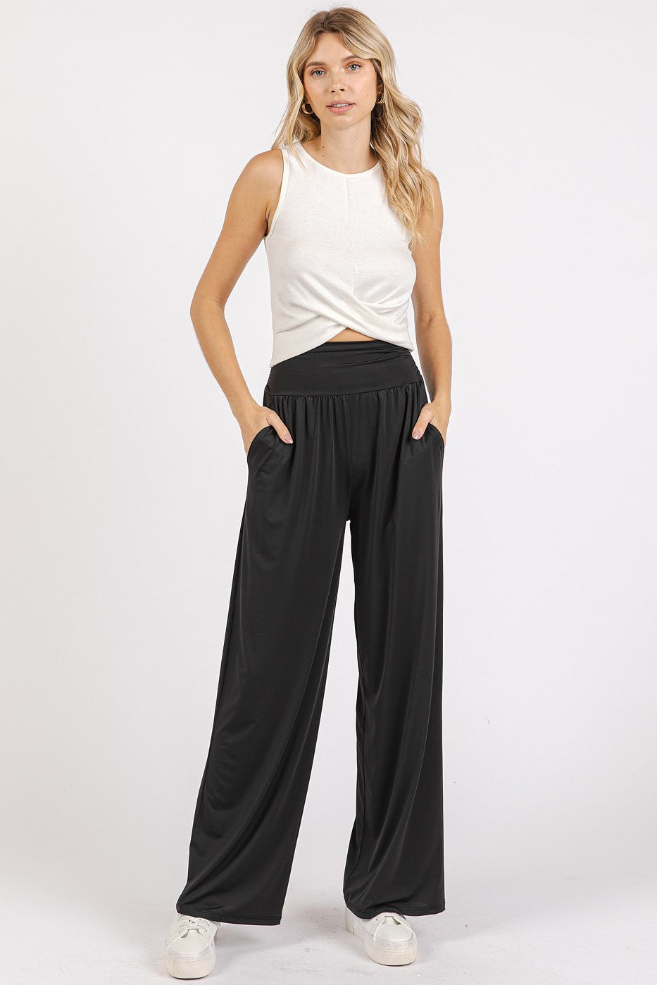 Mittoshop Stretch Banded Waist Wide Leg Pants with Pockets - Sydney So Sweet