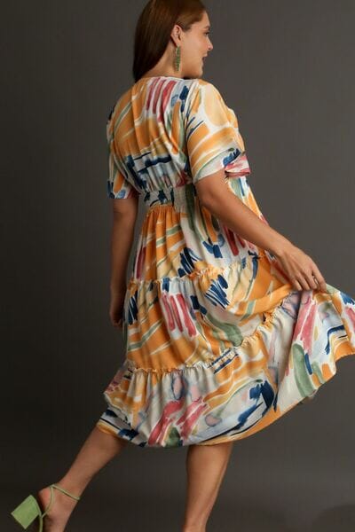 Umgee Full Size Abstract Print Flutter Sleeve Frill Tiered Midi Dress Plus Size - Sydney So Sweet