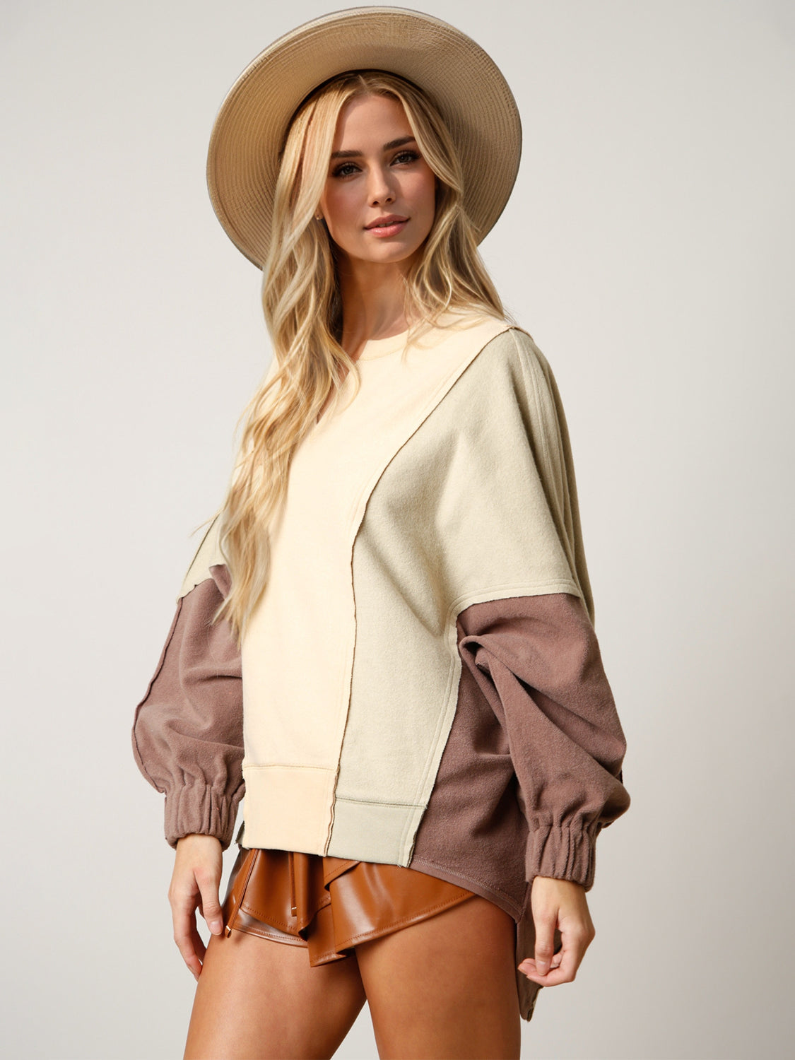 High-Low Contrast Notched Long Sleeve Sweatshirt - Sydney So Sweet