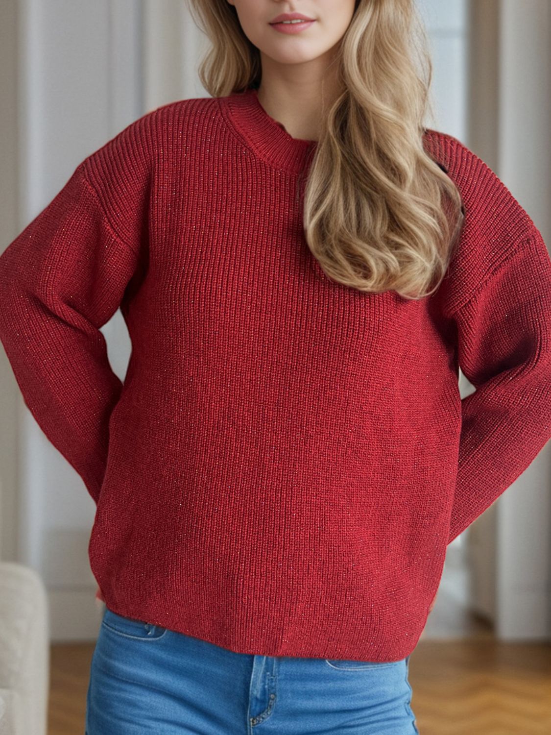 Solid Color Round Neck Long Sleeve Sweater - Sydney So Sweet