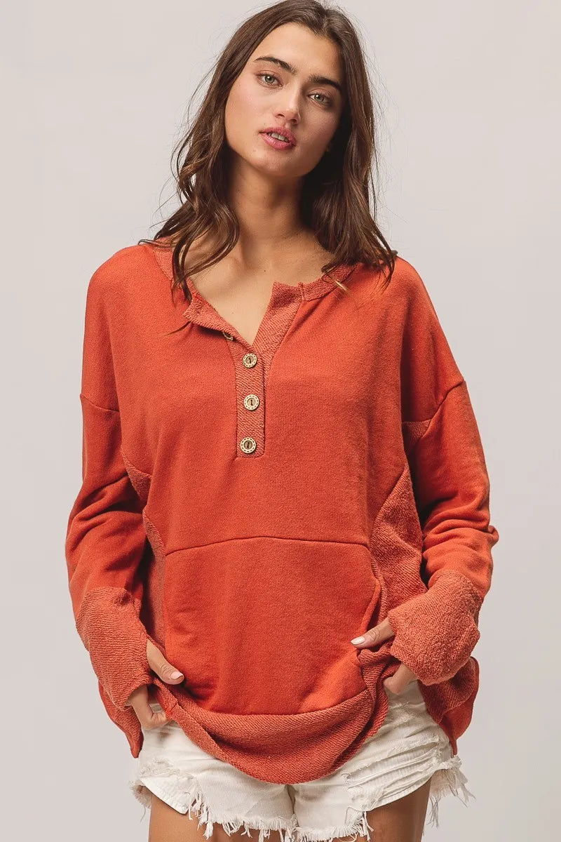BiBi French Terry Knit Side Block Buttoned Henley Top - Sydney So Sweet