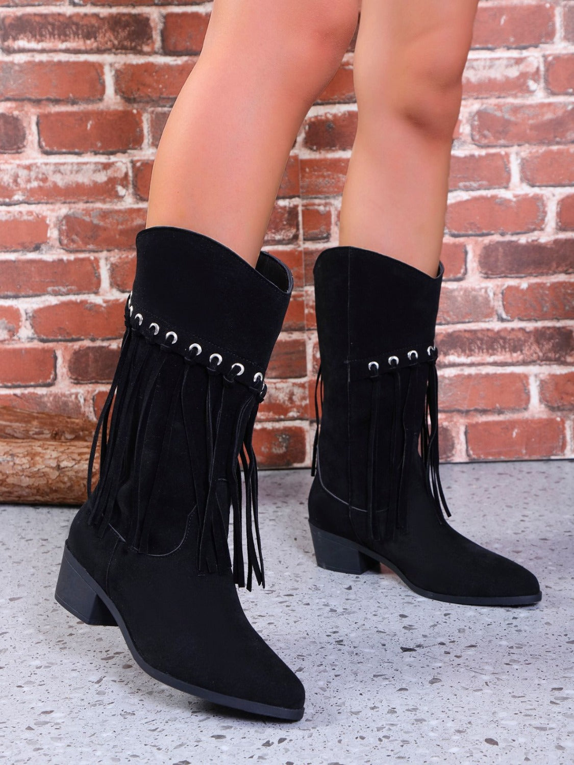 Fringe Suede Point Toe Block Heel Boots - Sydney So Sweet