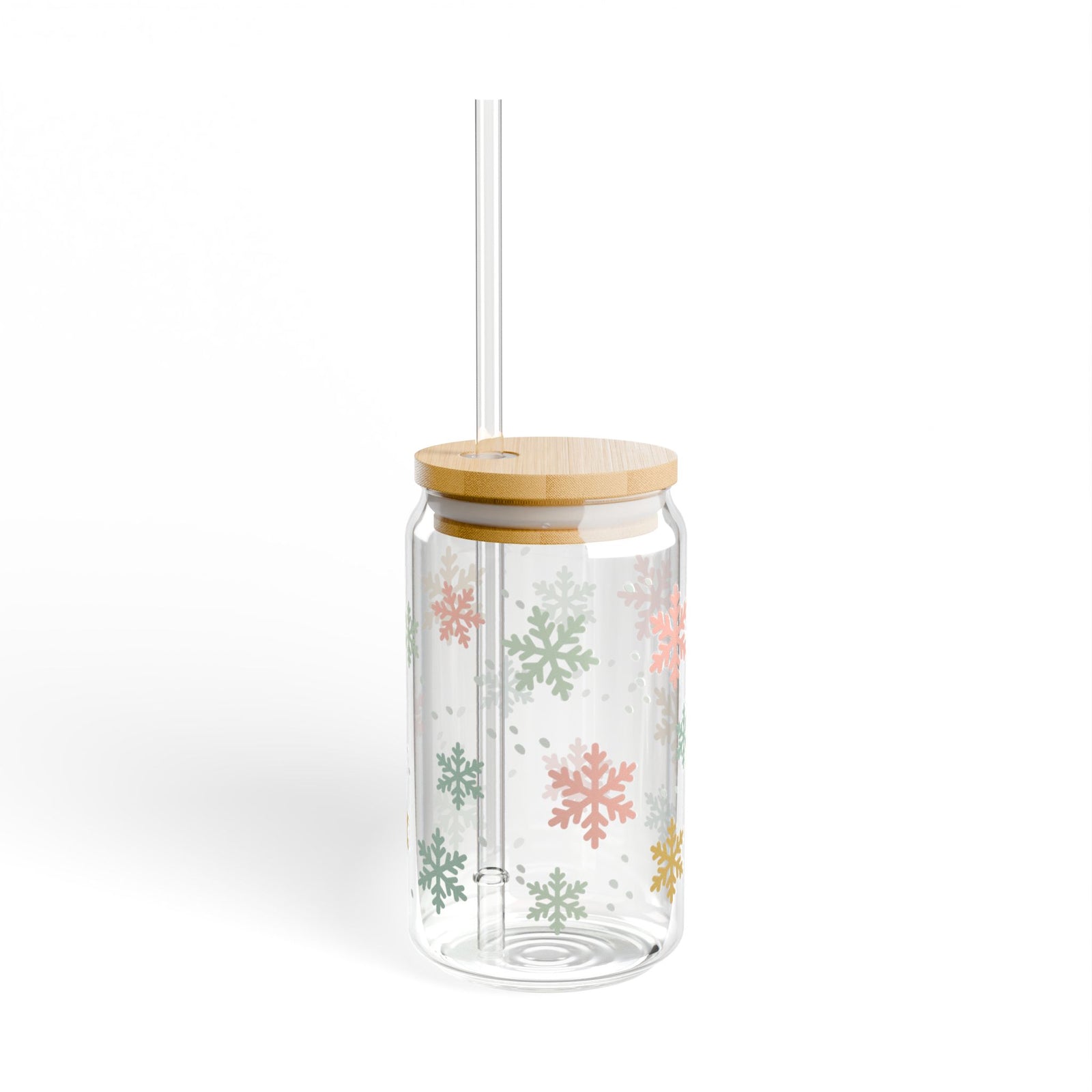 Pastel Snowflake Winter Christmas Sipper Glass 16oz Reusable Drink Jar with Lid & Straw