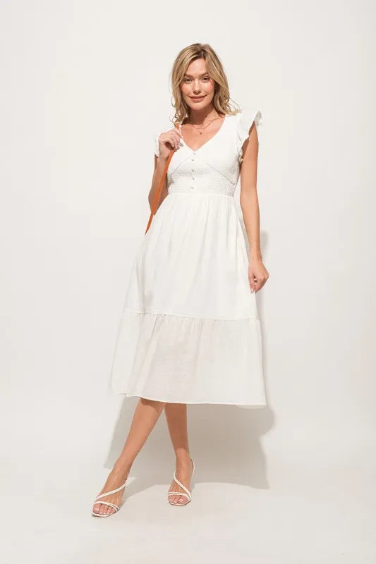 And The Why Ruffle Sleeve Front Smocked Tiered Midi Dress - Sydney So Sweet