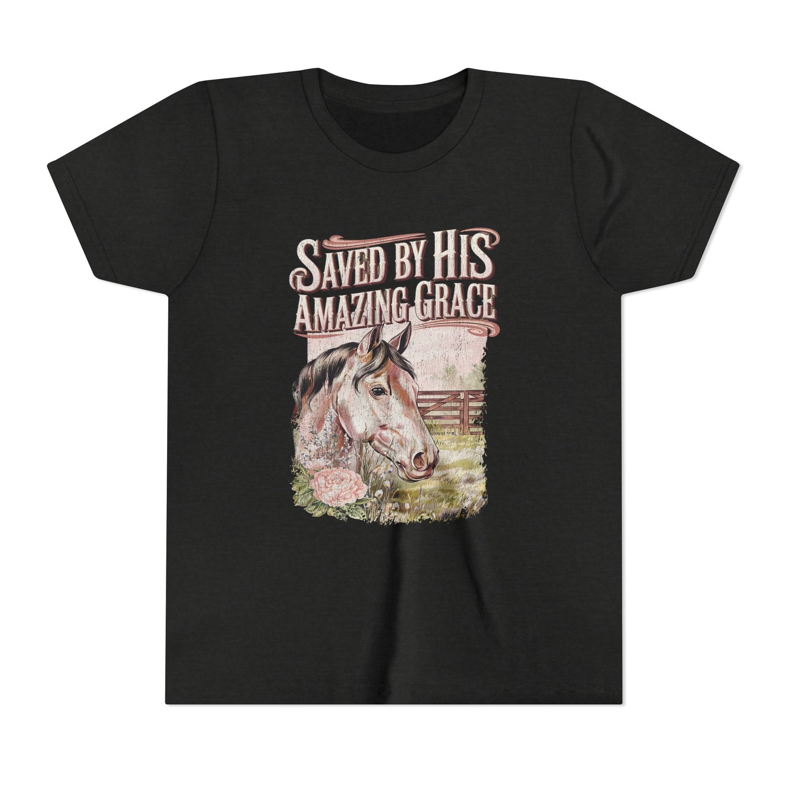 Youth Tee — "Saved By His Amazing Grace" Horse Graphic Christian Shirt