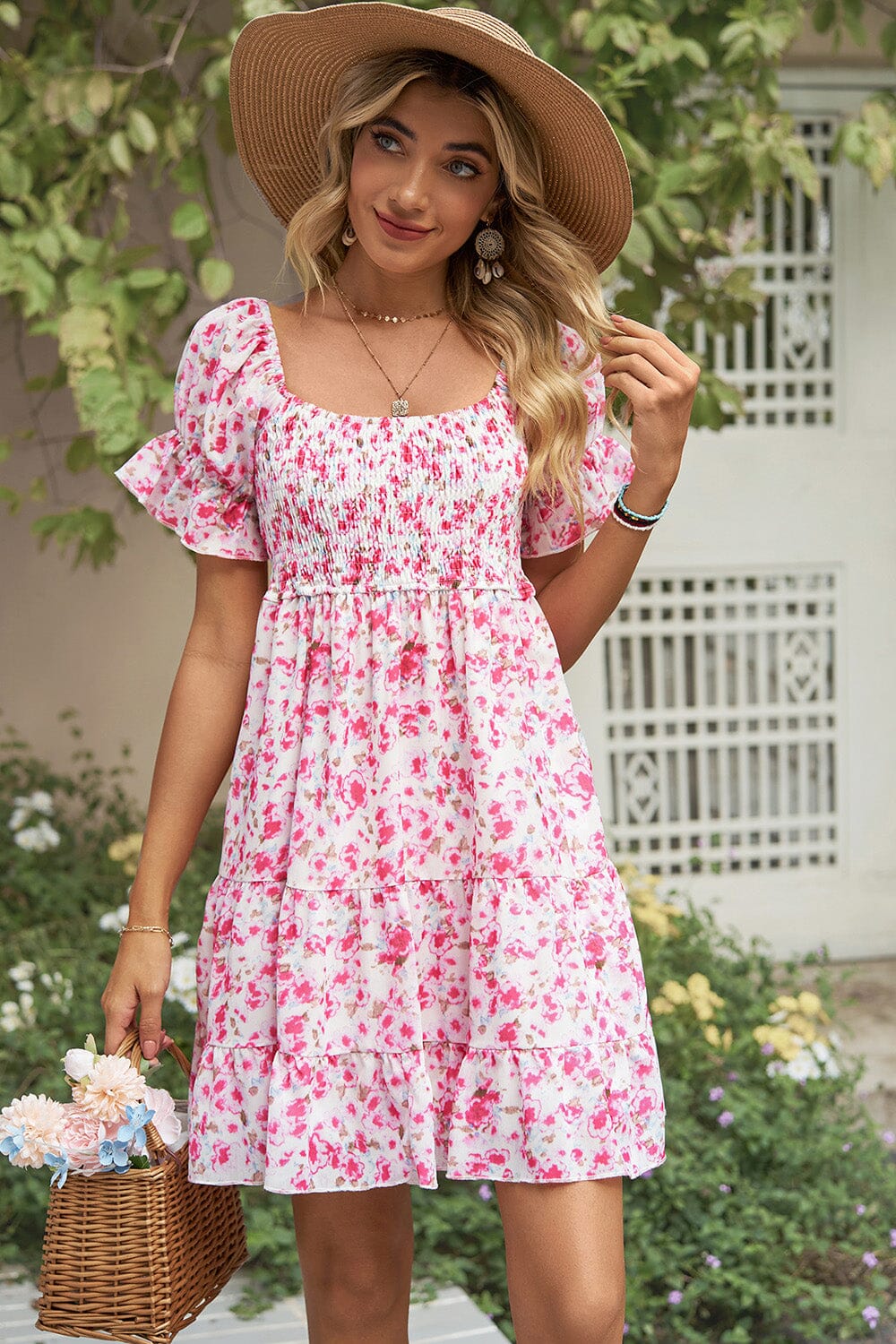 Smocked Printed Flounce Sleeve Mini Dress - Sydney So Sweet