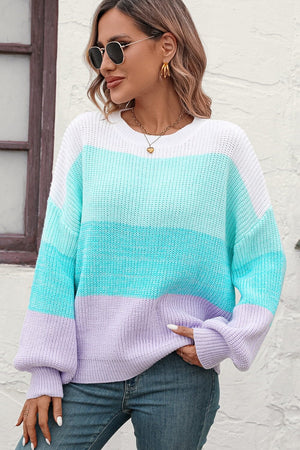 Round Neck Color Block Ribbed Pullover Sweater - Sydney So Sweet