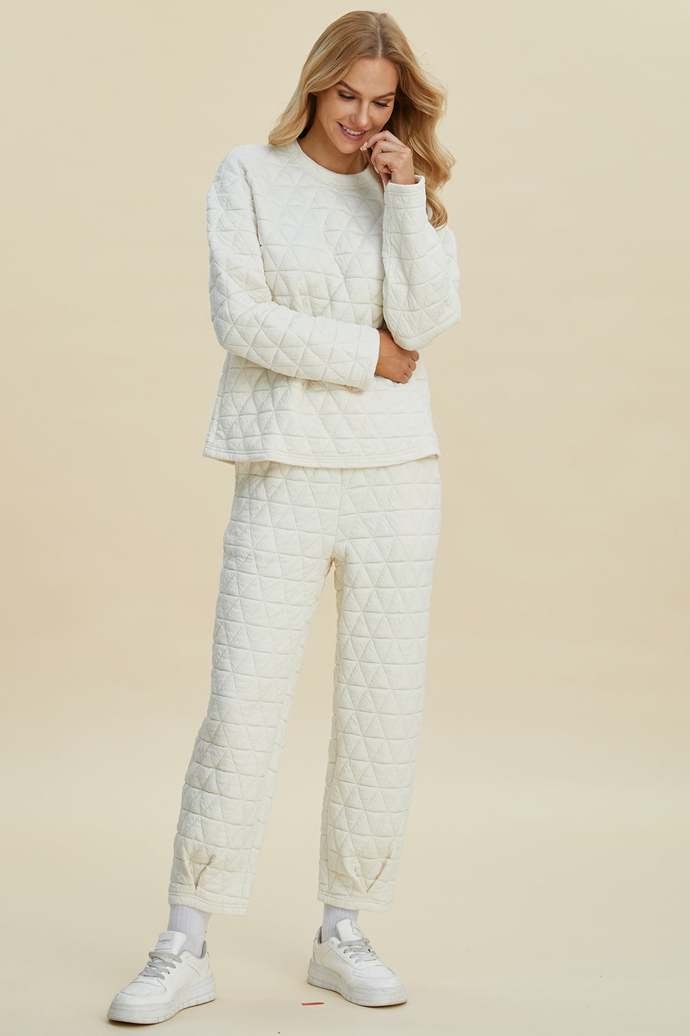 Double Take Full Size Texture Round Neck Long Sleeve Top and Pants Set - Sydney So Sweet