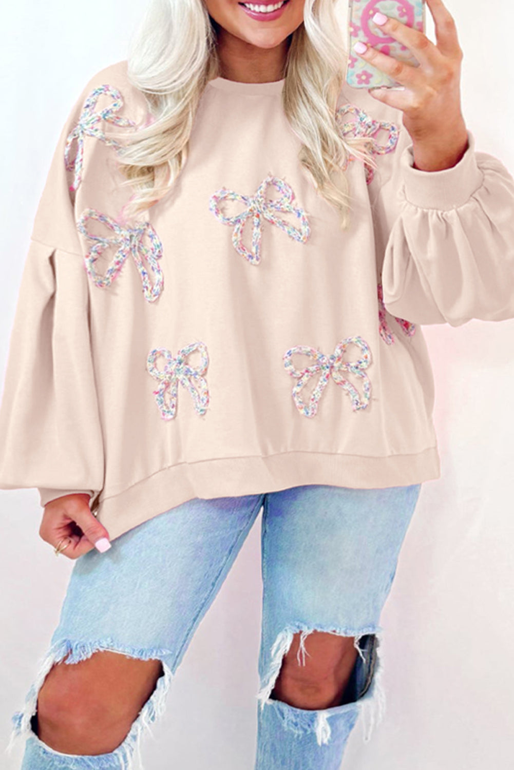 Bow Round Neck Long Sleeve Sweatshirt - Sydney So Sweet