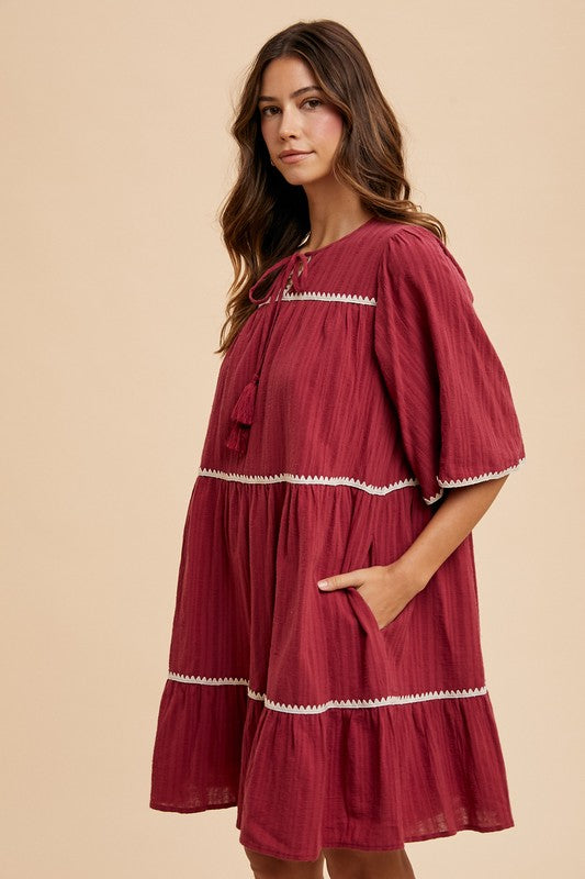 Annie Wear Tassel Contrast Trim Tie Neck Half Sleeve Tiered Dress - Sydney So Sweet