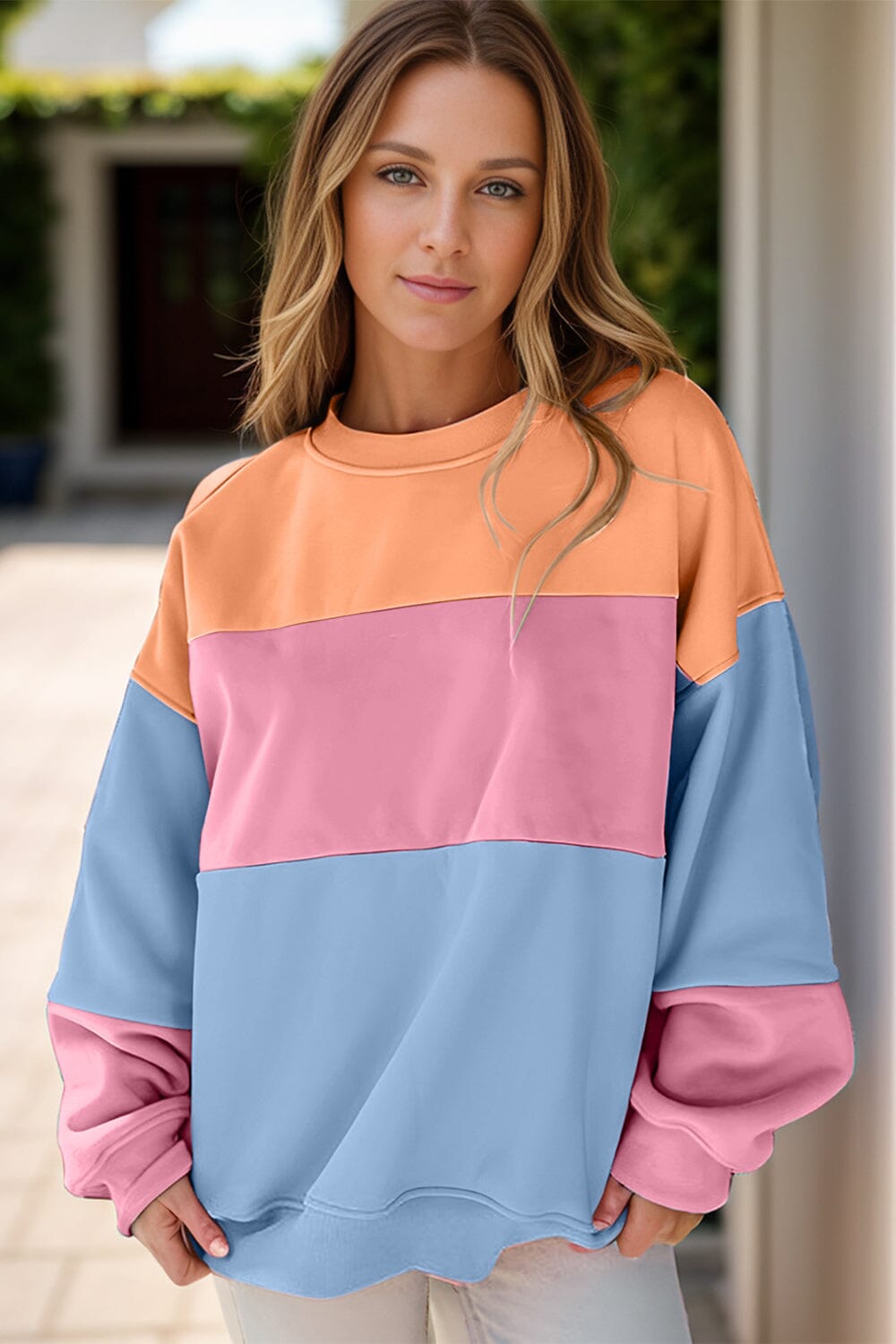 Color Block Round Neck Long Sleeve Sweatshirt - Sydney So Sweet