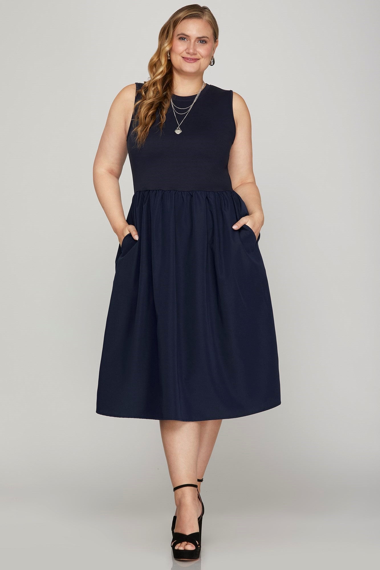 She + Sky Full Size Sleeveless Poplin Woven Midi Dress with Pockets Plus Size - Sydney So Sweet