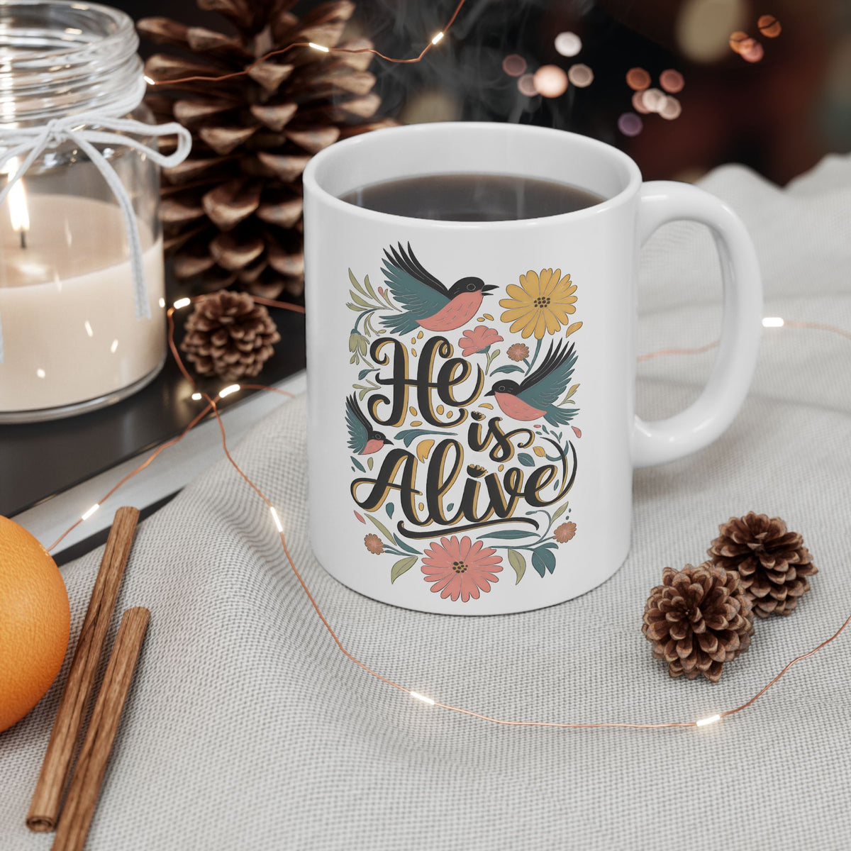 He is Alive Floral Birds Easter Christian Ceramic Mug Coffee Cup (11oz & 15oz)