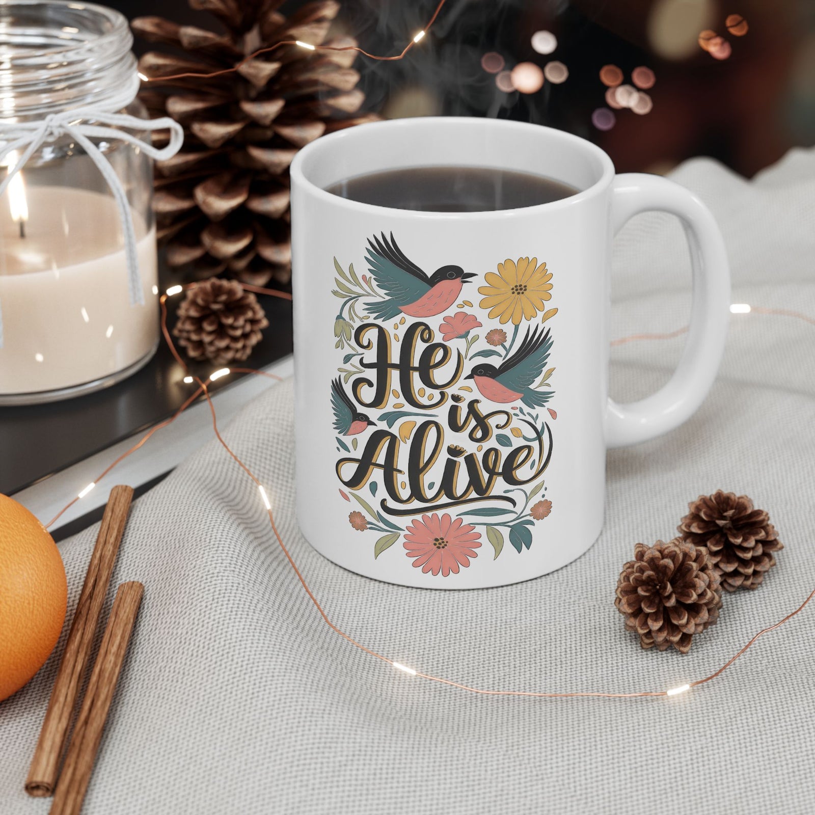 He is Alive Floral Birds Easter Christian Ceramic Mug Coffee Cup (11oz & 15oz)