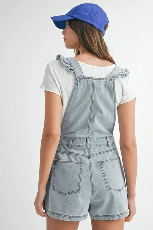 MABLE Square Neck Ruffle Shoulder Denim Overall Romper - Sydney So Sweet