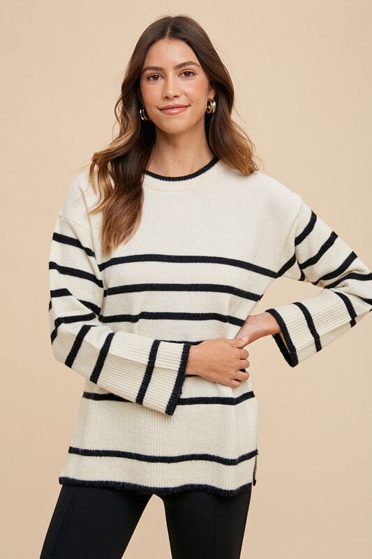 Annie Wear Side Slit Striped Round Neck Sweater - Sydney So Sweet