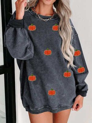 Sequin Pumpkin Round Neck Long Sleeve Sweatshirt - Sydney So Sweet