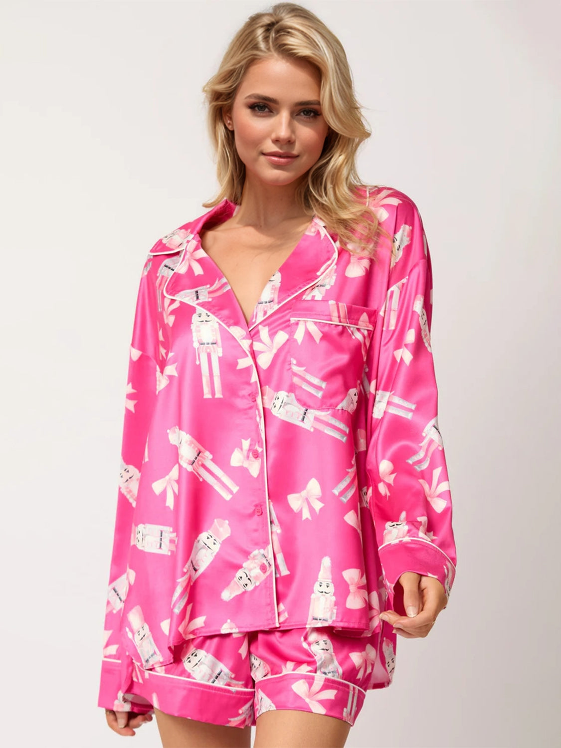 Printed Collared Neck Long Sleeve Top and Shorts Set - Sydney So Sweet