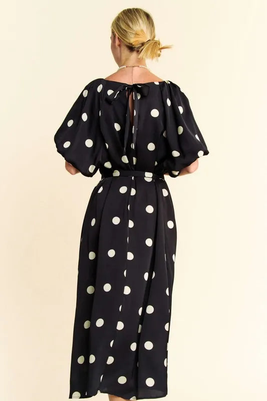 Davi & Dani Polka Dot Puff Sleeves Waist Tie Midi Dress - Sydney So Sweet
