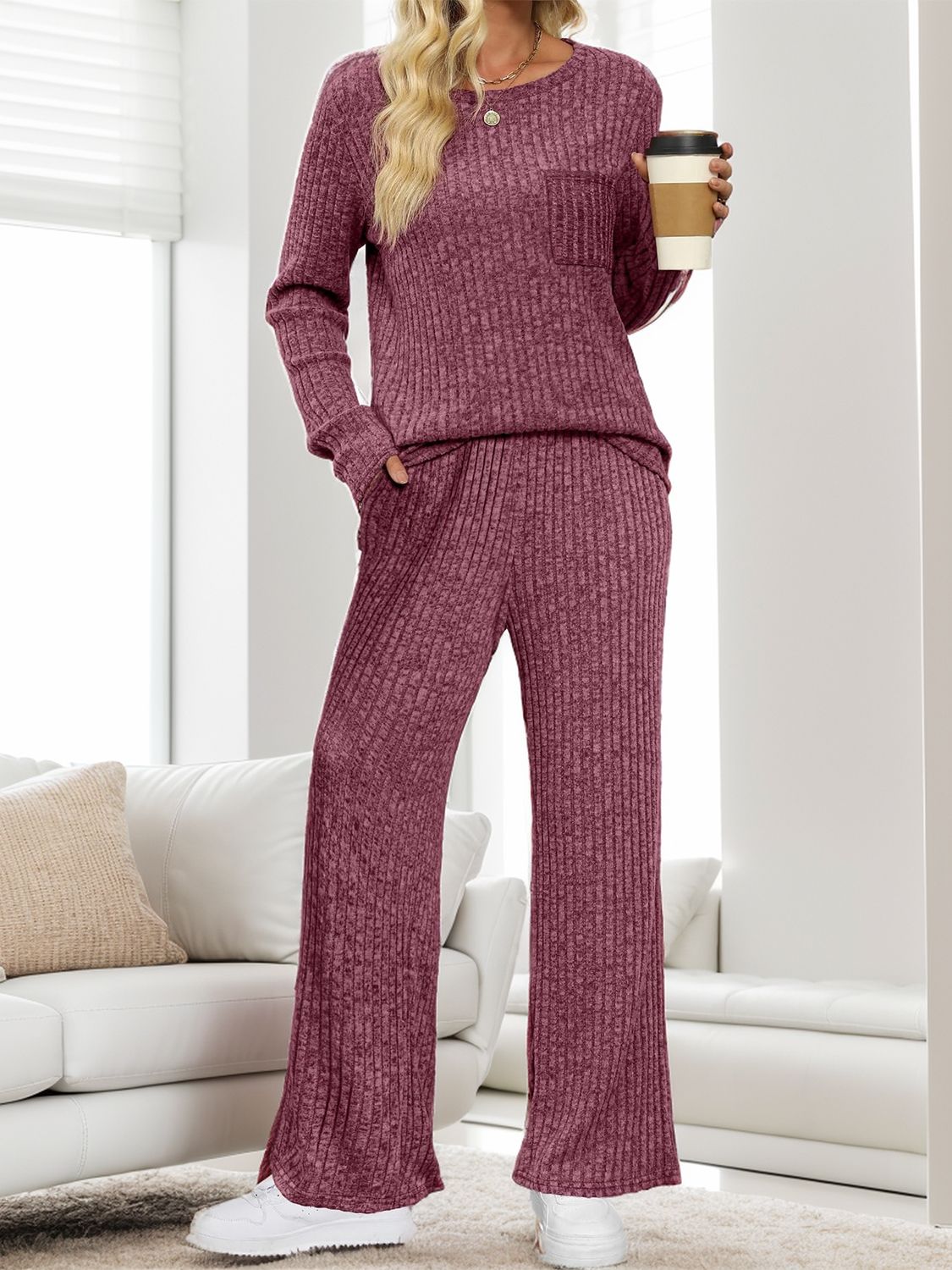 Round Neck Long Sleeve Top and Pants Set - Sydney So Sweet