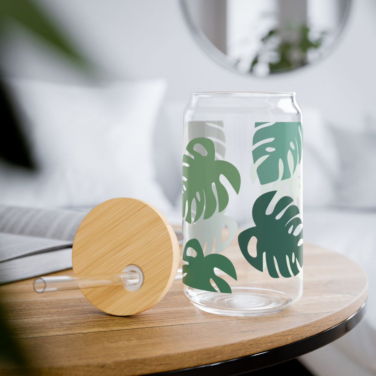 Monstera Leaf Tumbler Sipper Glass 16oz — Reusable Drink Jar with Lid & Straw