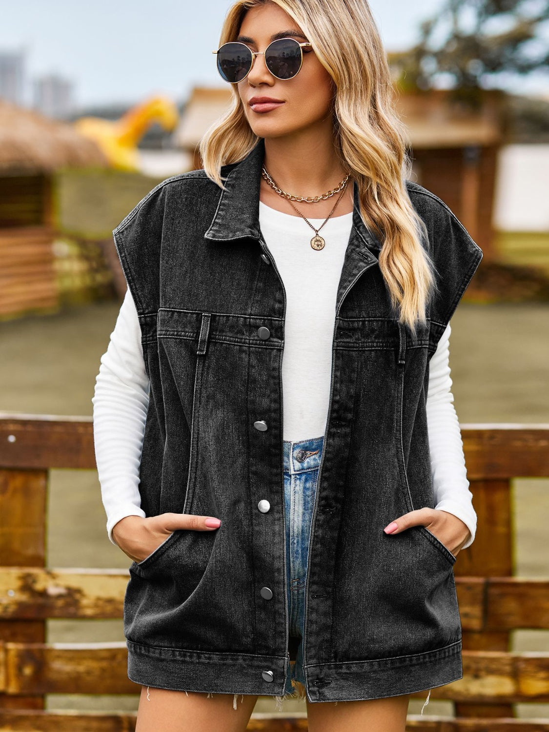 Button Up Collared Neck Sleeveless Denim Jacket - Sydney So Sweet