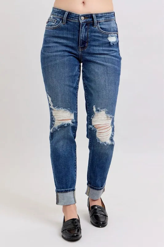 Judy Blue Full Size Mid Rise Boyfriend destroy Jeans with Yoke Pockets and Faux Selvedge Cuff Plus Size - Sydney So Sweet