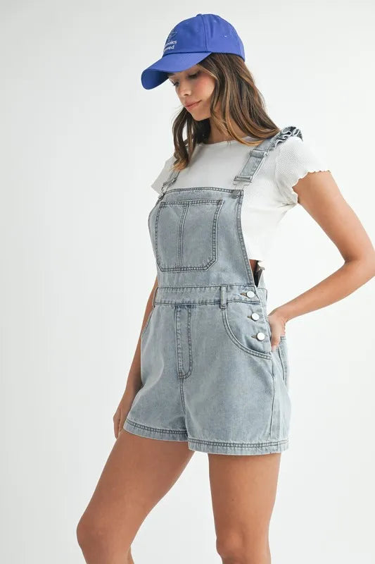 MABLE Square Neck Ruffle Shoulder Denim Overall Romper - Sydney So Sweet