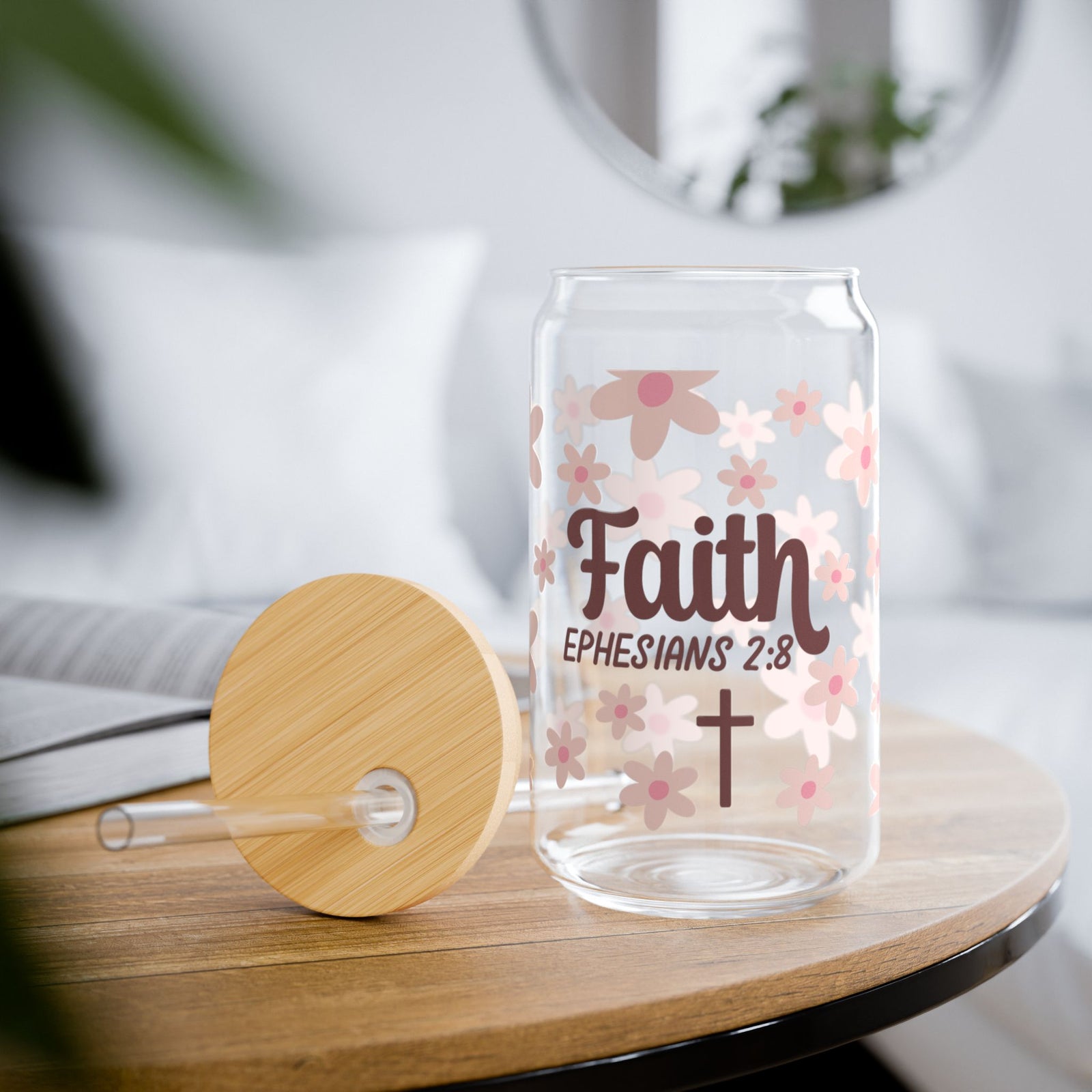 Faith Ephesians 2:8 Floral Christian Tumbler Sipper Glass 16oz — Reusable Drink Jar with Lid & Straw