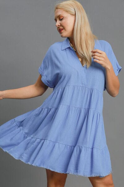 Umgee Full Size Raw Hem Folded Sleeve Tiered Dress Plus Size - Sydney So Sweet
