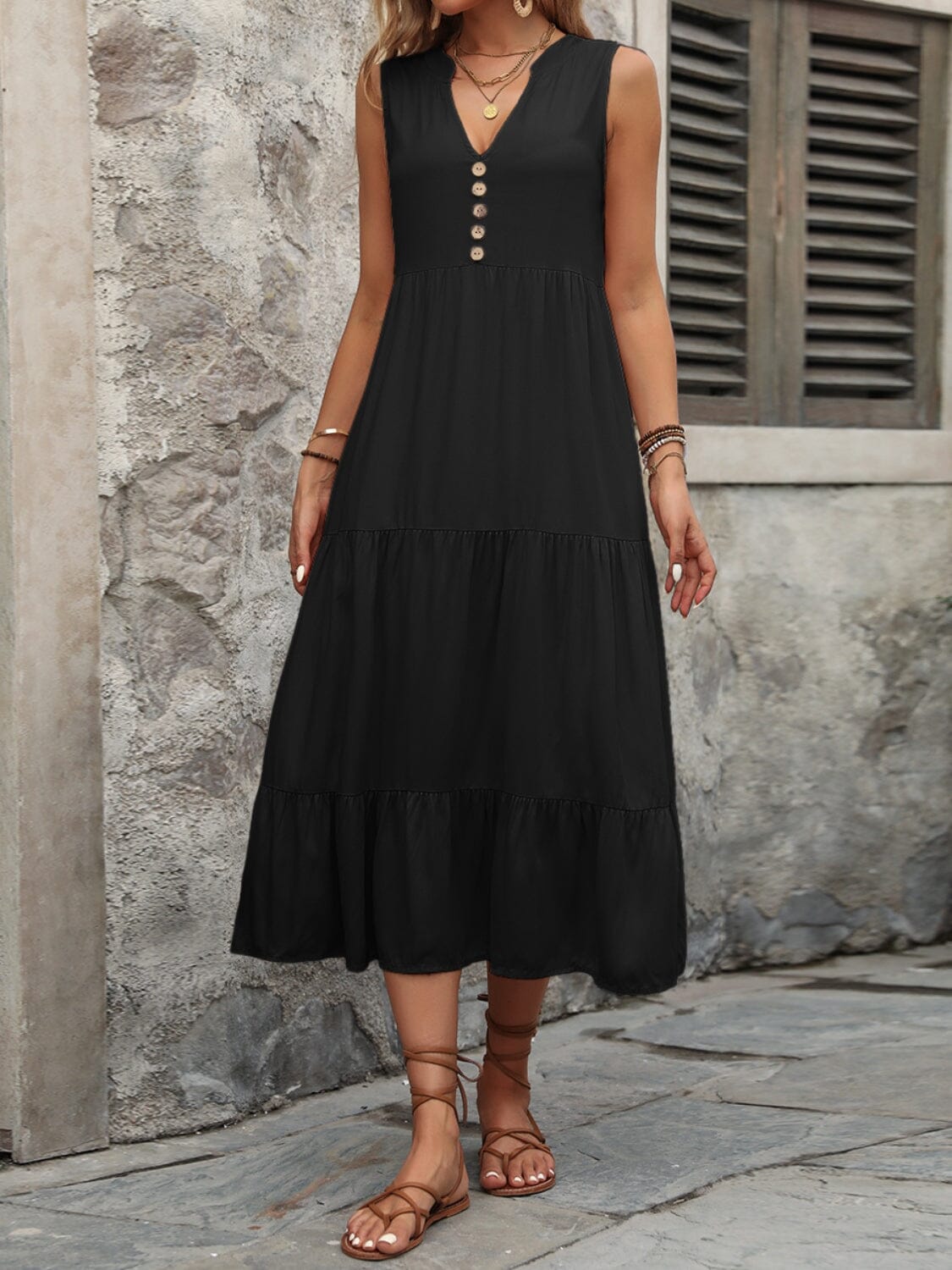 Decorative Button Notched Sleeveless Dress - Sydney So Sweet