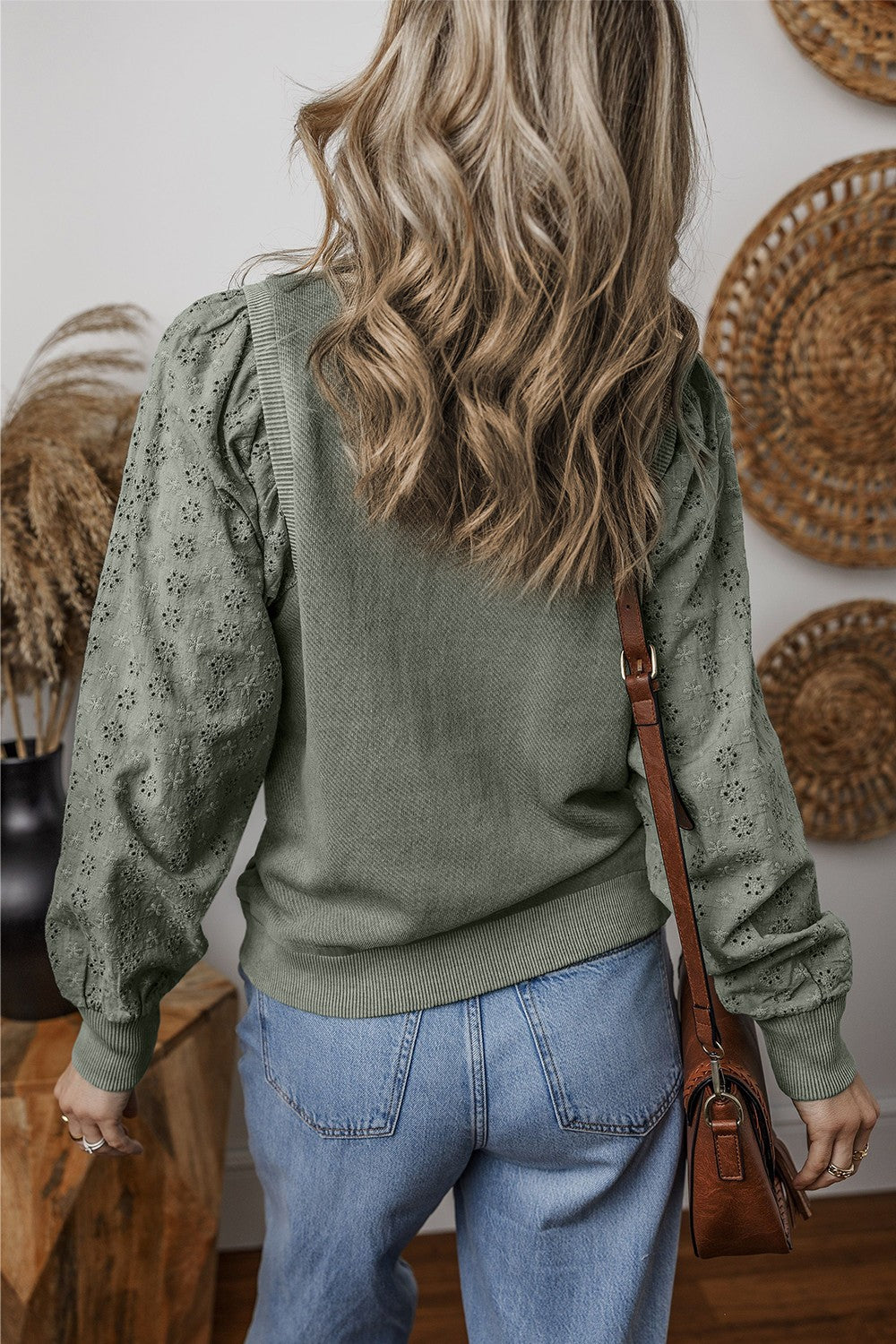 Eyelet Round Neck Long Sleeve Sweatshirt - Sydney So Sweet