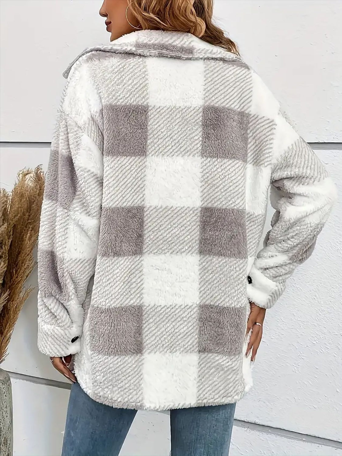 Plaid Dropped Shoulder Long Sleeve Plush Coat - Sydney So Sweet